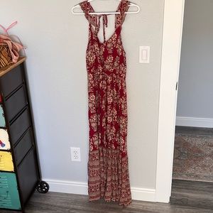 American Eagle Red/ Maroon, with Gold Floral Maxi Dress. Long Dress with Flowers